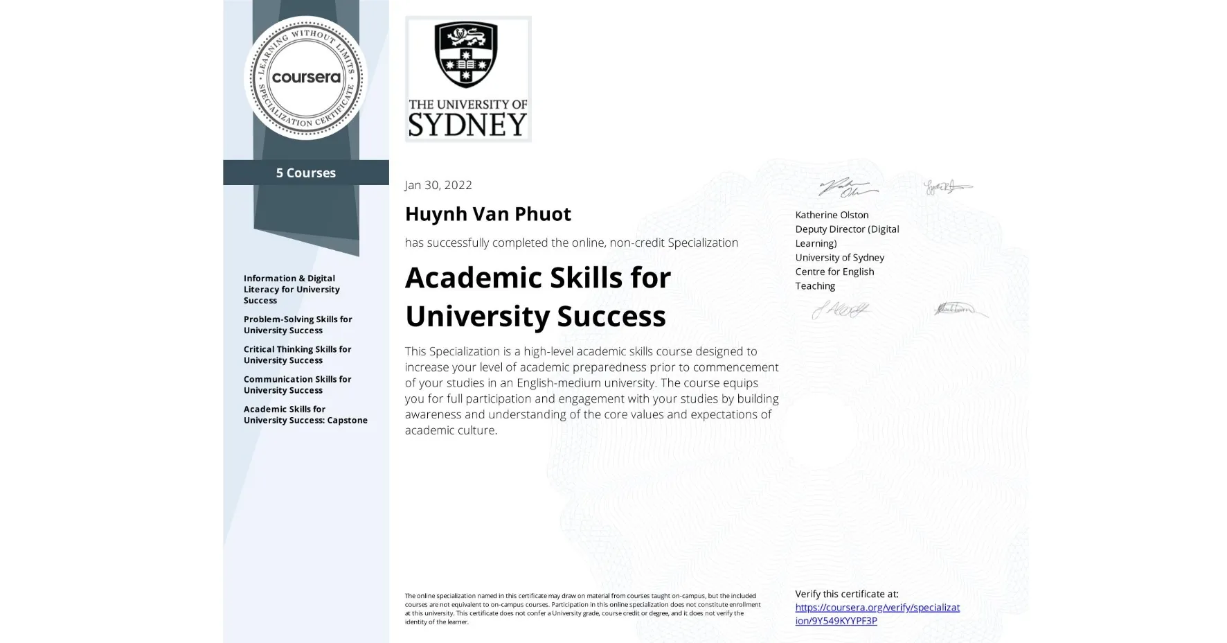 Academic Skills for University Success certificate