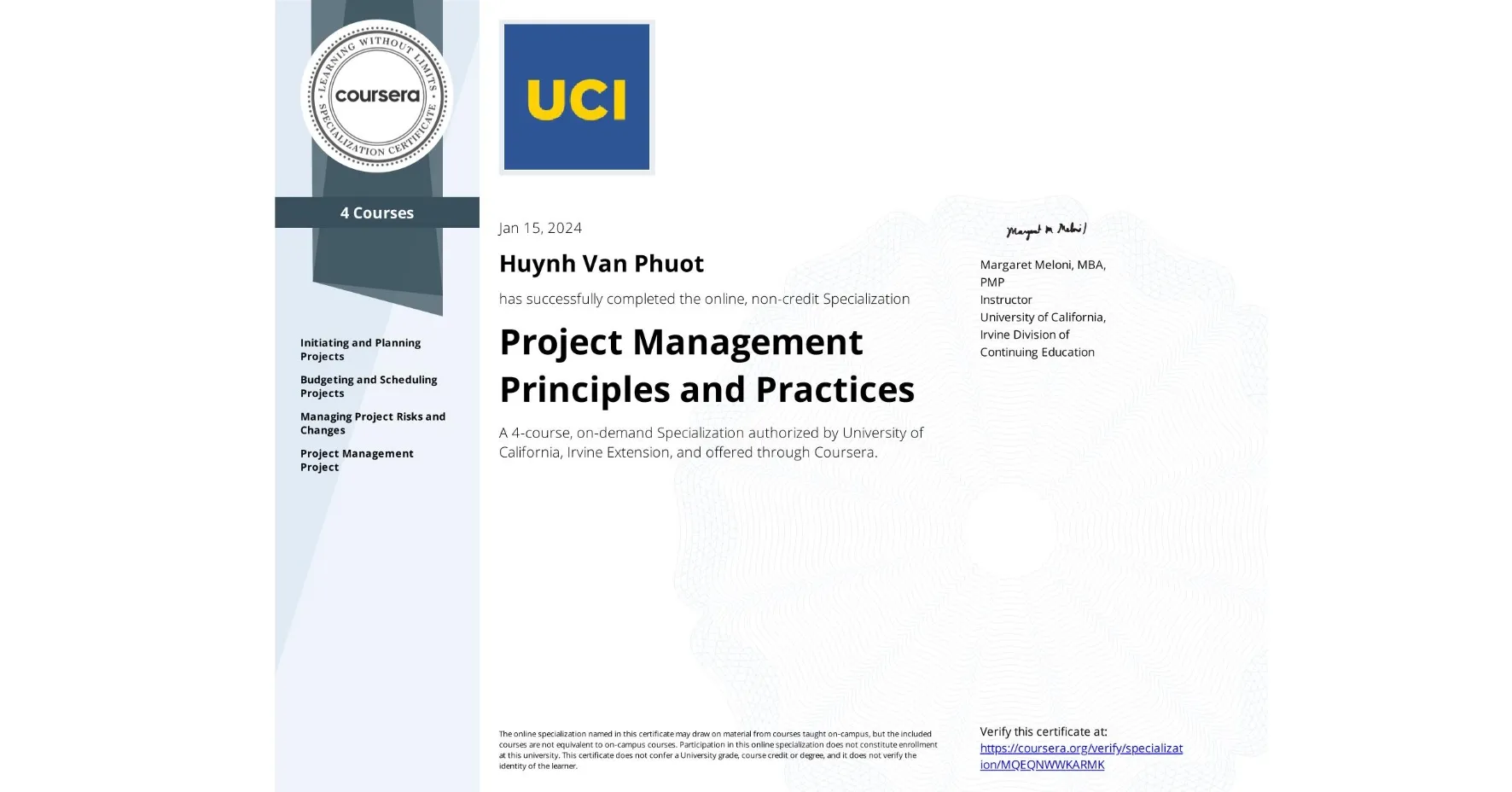 Project Management Principles and Practices certificate