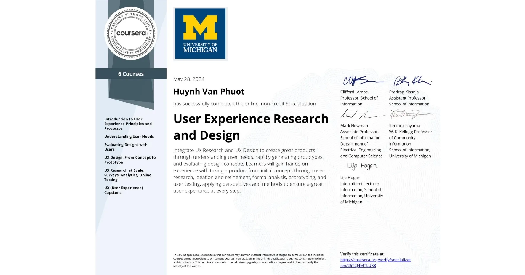 User Experience Research and Design certificate